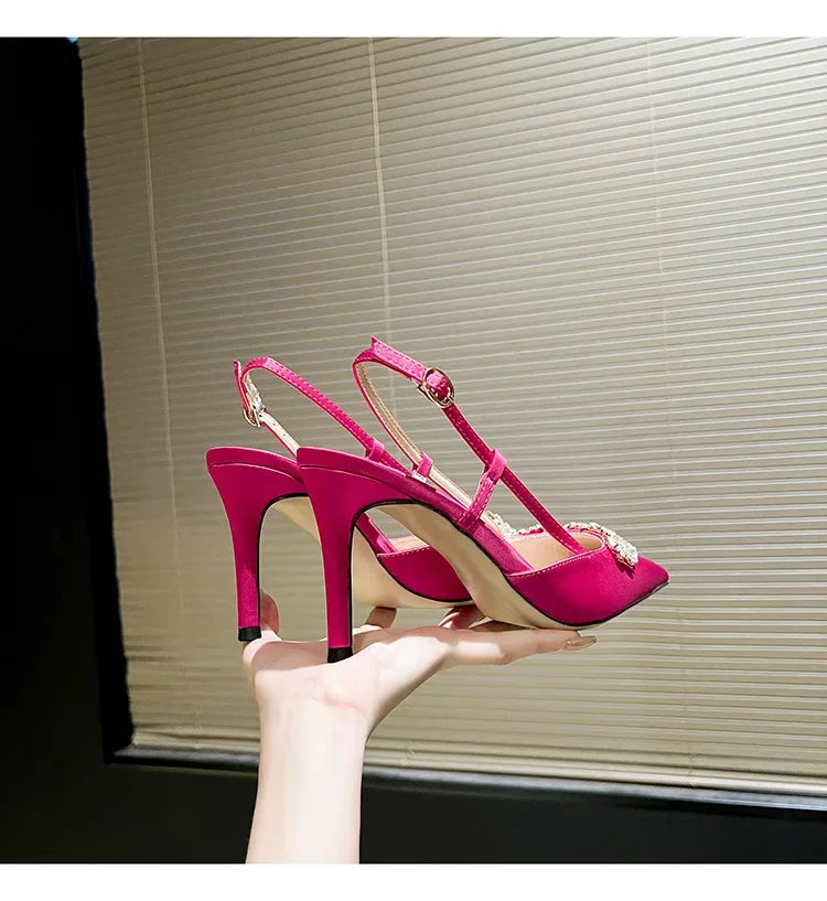 Satin Rhinestone Flower Heeled Sandals - Pointed Toe Stiletto for Women