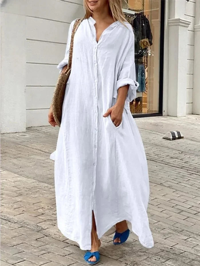 Women's Cotton Linen Maxi Dress - Loose Button Casual Dress