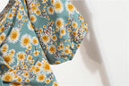 Women's Floral Chiffon Mini Dress - Puff Sleeve V-Neck Casual Dress