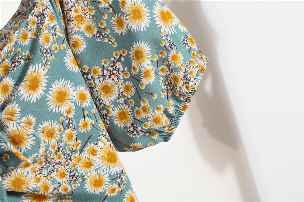 Women's Floral Chiffon Mini Dress - Puff Sleeve V-Neck Casual Dress
