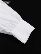 White Cotton Lapel Mini Dress - Long Sleeve Pleated A-Line Dress for Women
