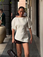 HH Women Casual Loose T-Shirts Asymmetrical Hem Blouse Short Puff Sleeve Shirt Elegant Woman Summer Party Vacation White Tops