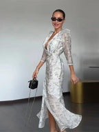 Women's Printed V-Neck Pleated Midi Dress - Half Sleeve Empire Waist Holiday Dress
