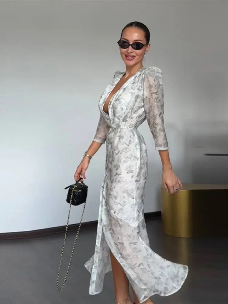 Women's Printed V-Neck Pleated Midi Dress - Half Sleeve Empire Waist Holiday Dress