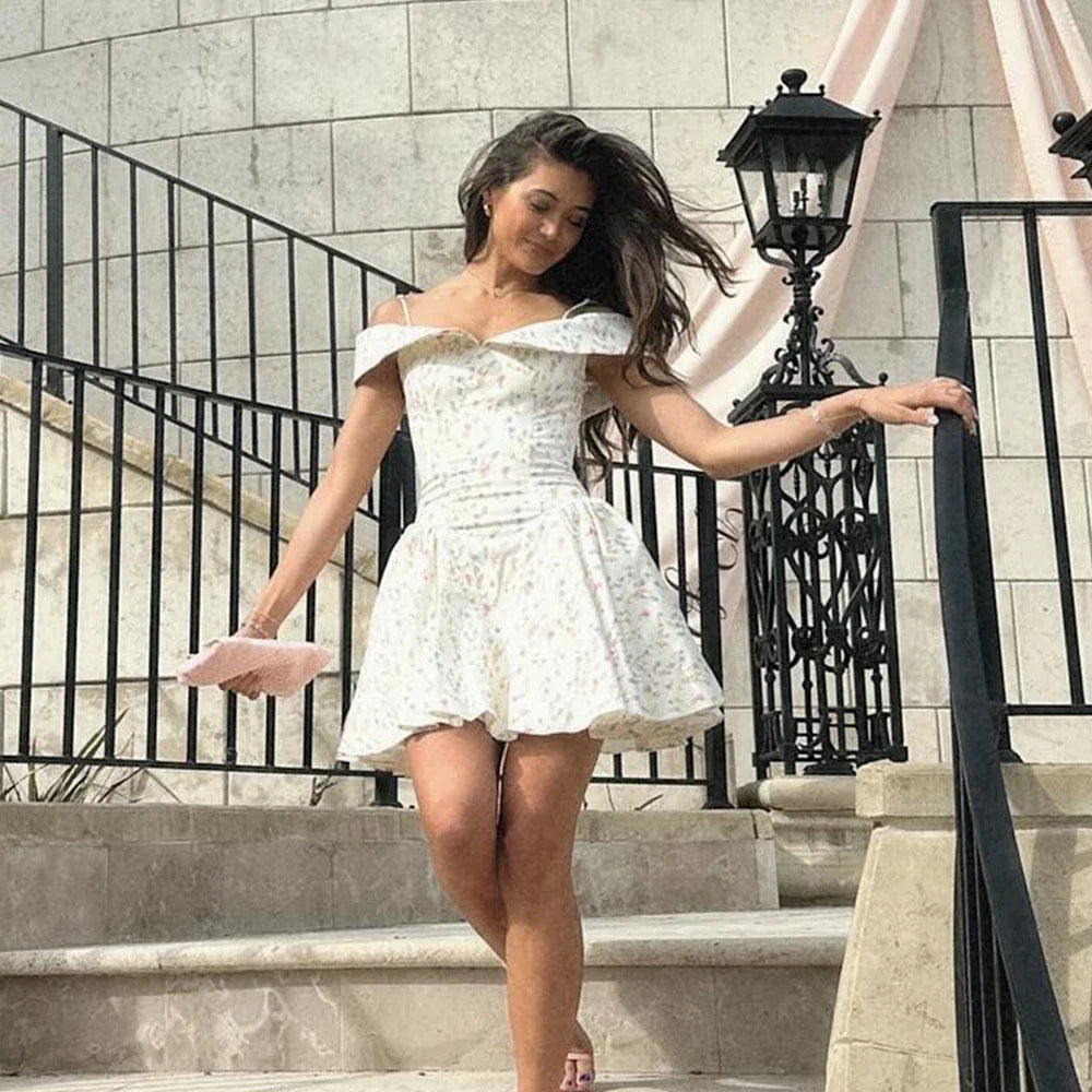 Women's Floral Print Mini Dress - Off Shoulder A-Line Summer Party Dress