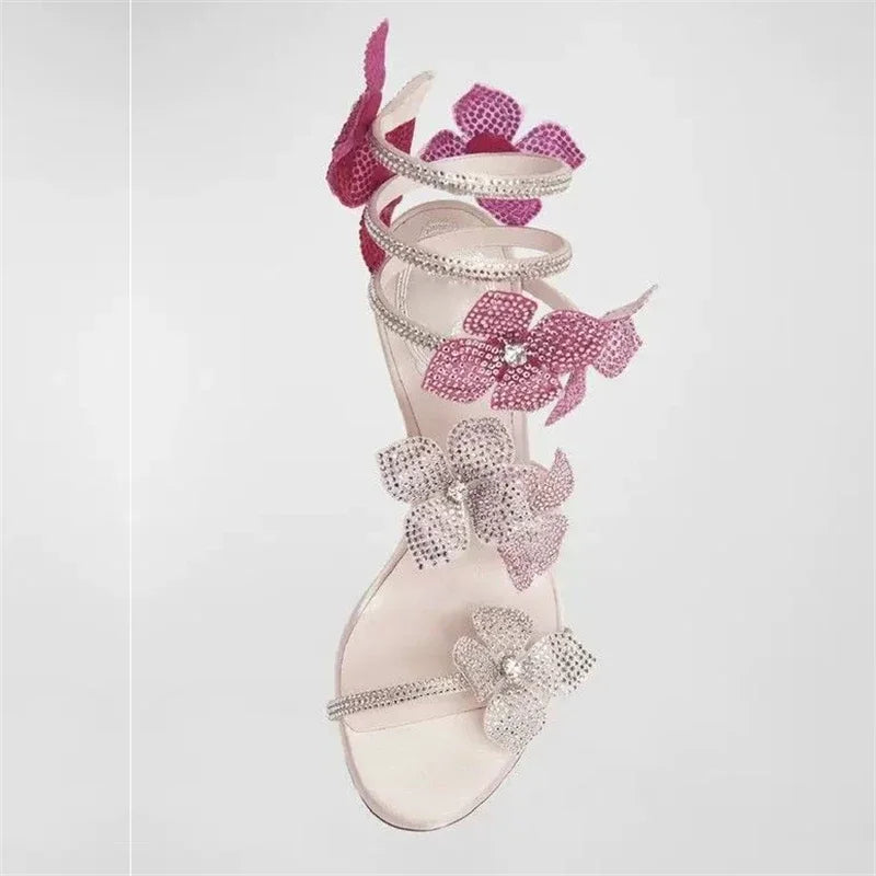 Aneikeh Luxury Designer Pink Flower Rhinestone High Heels Sandals Shoe Sexy Wrap Strap Open Toe Stripper Prom Party Ladies Shoes