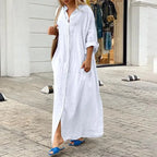 Women's Cotton Linen Maxi Dress - Loose Button Casual Dress