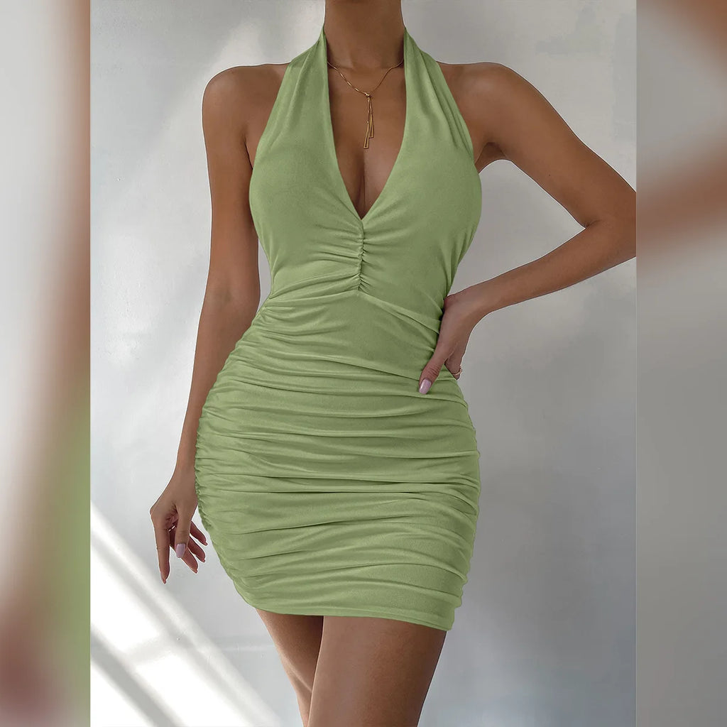 Women's Backless Halter Mini Dress - Deep V Sleeveless Club Dress