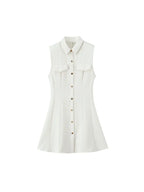 Women's Button-Front Lapel Mini Dress - Sleeveless A-Line Casual Dress