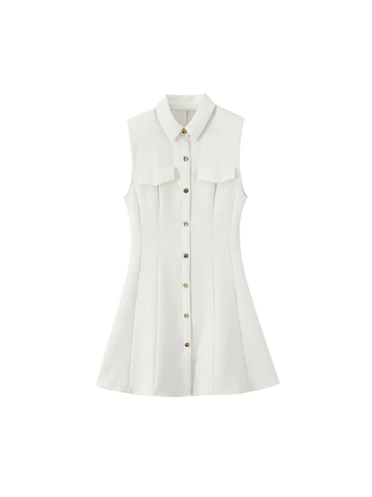 Women's Button-Front Lapel Mini Dress - Sleeveless A-Line Casual Dress