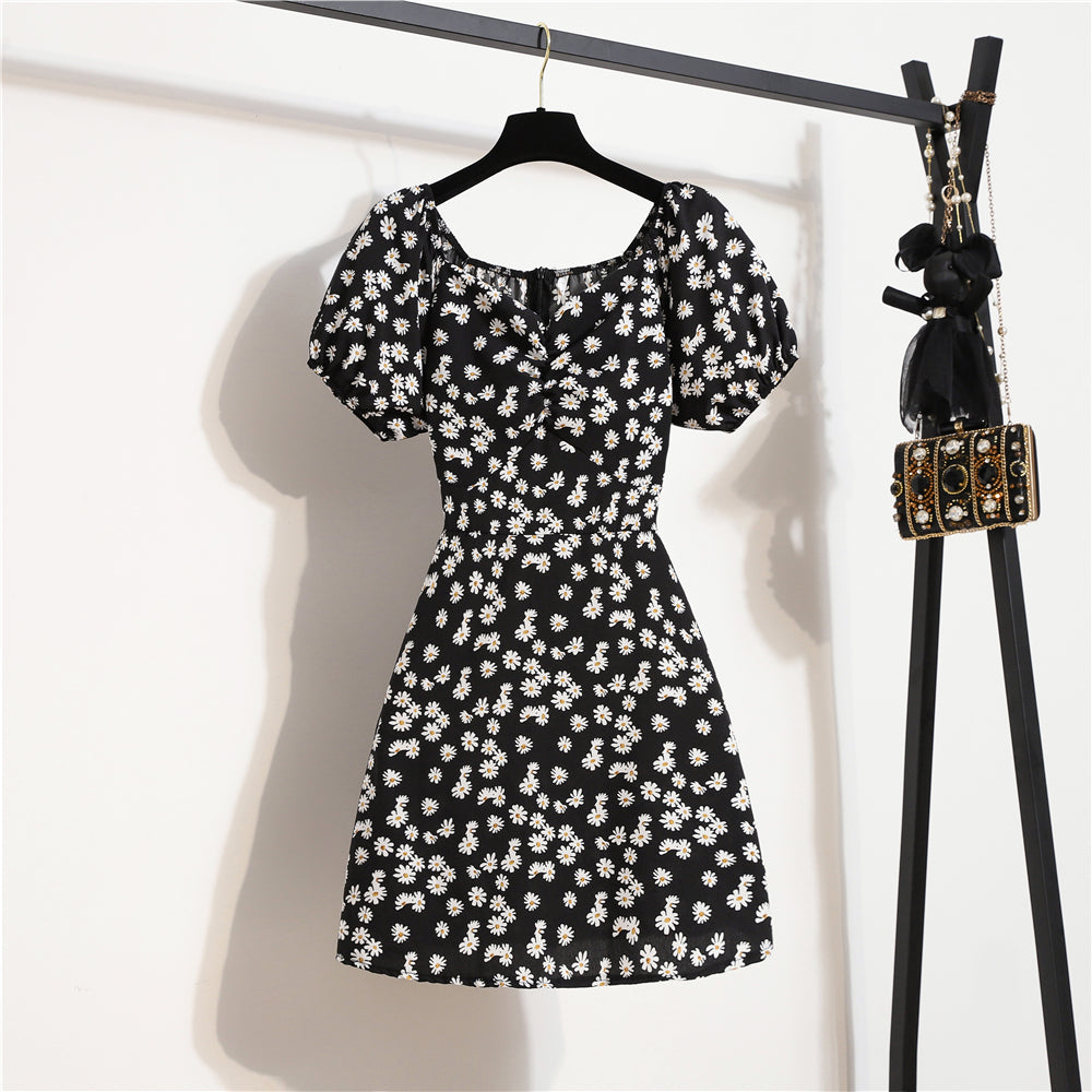 Women's Floral Chiffon Mini Dress - Puff Sleeve V-Neck Casual Dress