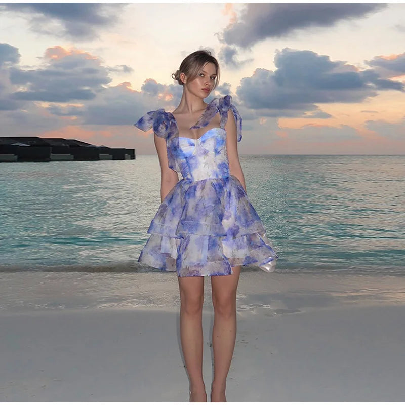 Women's Printed Floral Puffy Mini Dress - Halter Backless Layered Party Dress