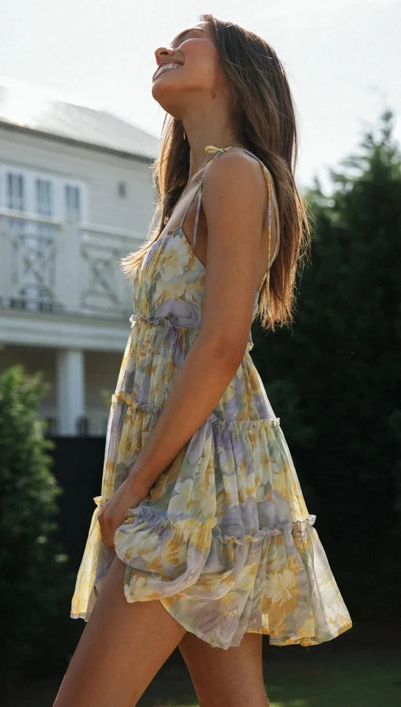 Floral Chiffon Spaghetti Strap Mini Dress - Backless Bow Vacation Dress for Women