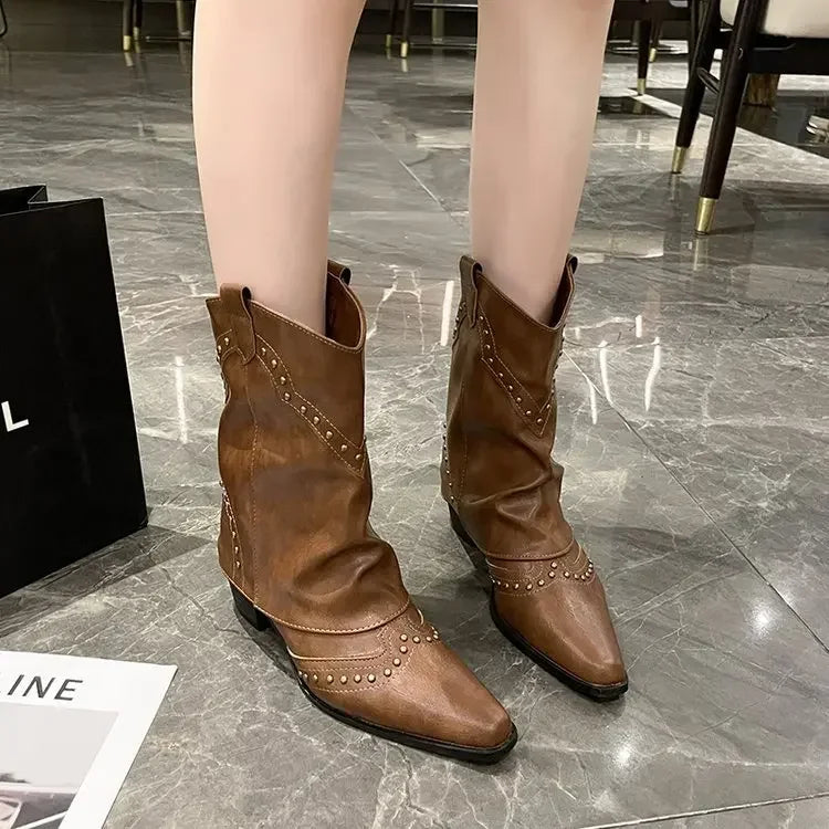 Retro Western Cowboy Boots - Pointed Toe Block Heel Mid-Calf Boots for Women