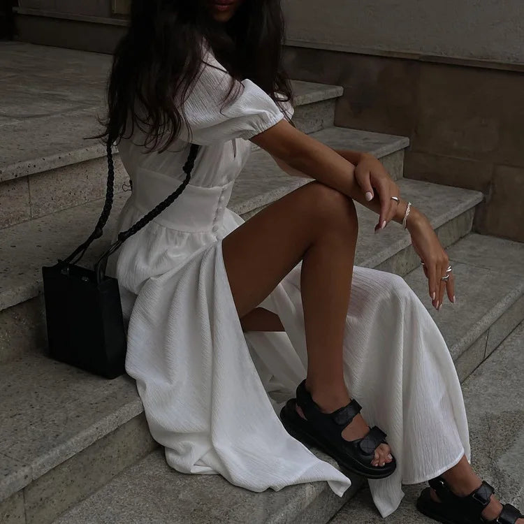 Women's Boho Maxi Dress - Deep V-Neck Flying Sleeve High Waist Split Dress