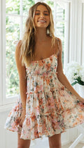 Floral Chiffon Spaghetti Strap Mini Dress - Backless Bow Vacation Dress for Women