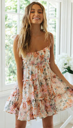 Floral Chiffon Spaghetti Strap Mini Dress - Backless Bow Vacation Dress for Women
