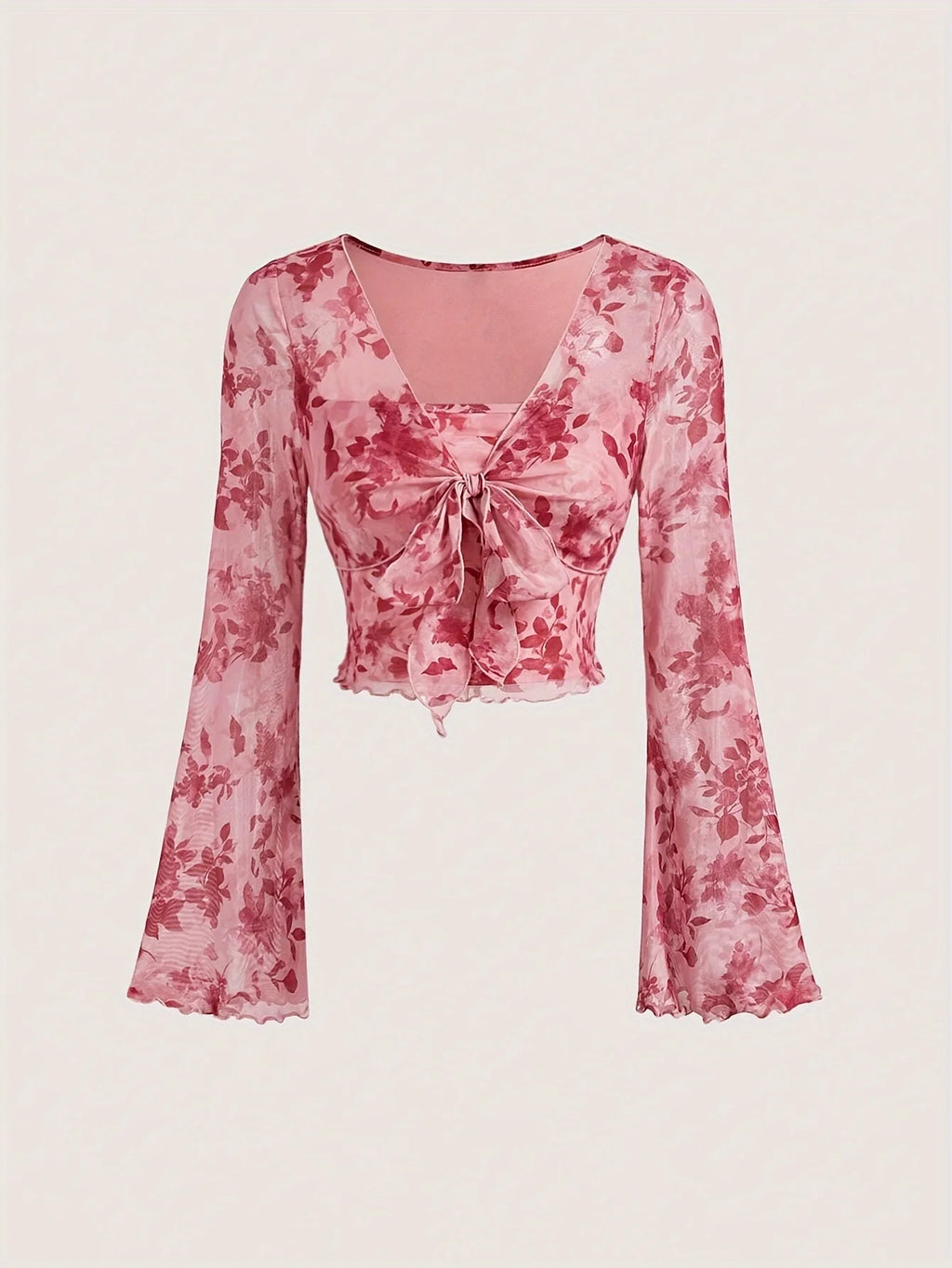 Y2K Floral Mesh Top - Flare Sleeve V-Neck Beach Party Shirt for Women