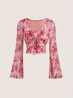 Y2K Floral Mesh Top - Flare Sleeve V-Neck Beach Party Shirt for Women