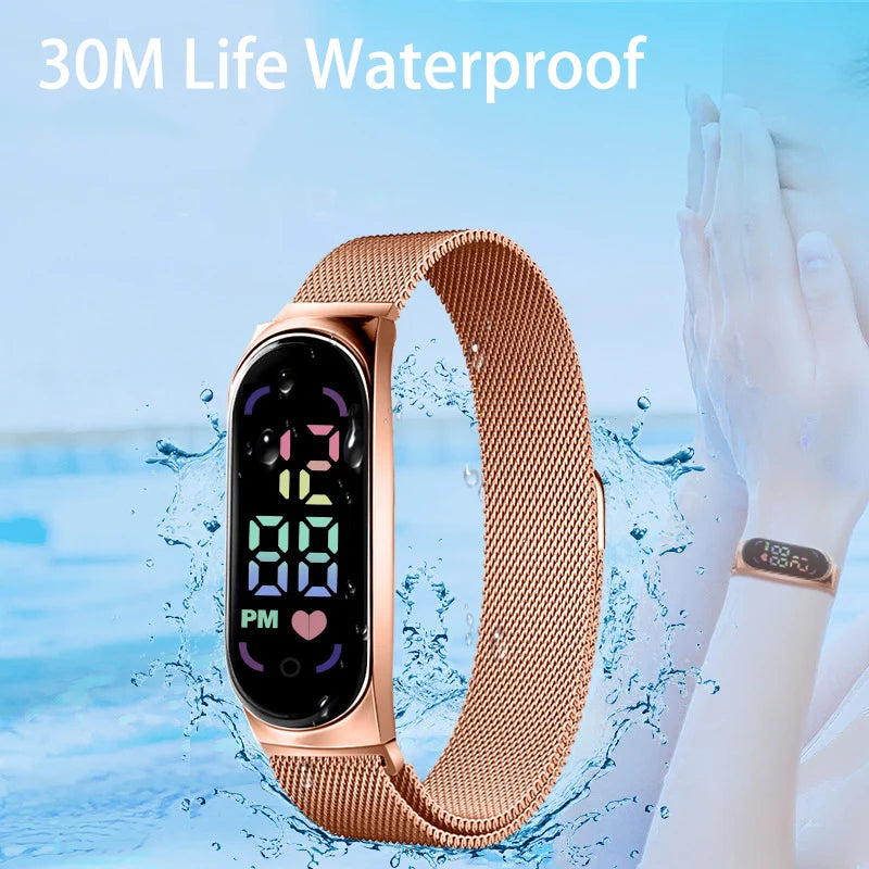 LED Women's Digital Watch - Magnetic Strap, Touch Screen, Waterproof