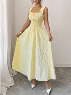 Vestido Casual Amarillo para Mujer | Smocked, Cuello Cuadrado, Largo hasta el Tobillo