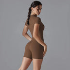 Yoga suit women's jumpsuit summer zipper short sleeved shorts yoga jumpsuit women's dance fitness tight fitting sports jumpsuit