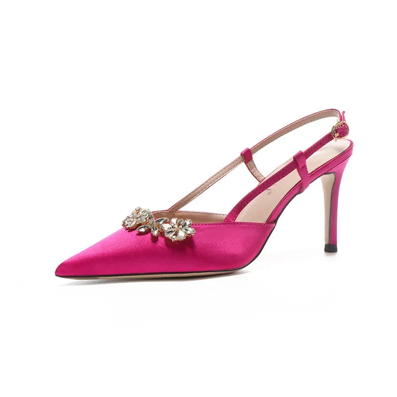 Satin Rhinestone Flower Heeled Sandals - Pointed Toe Stiletto for Women