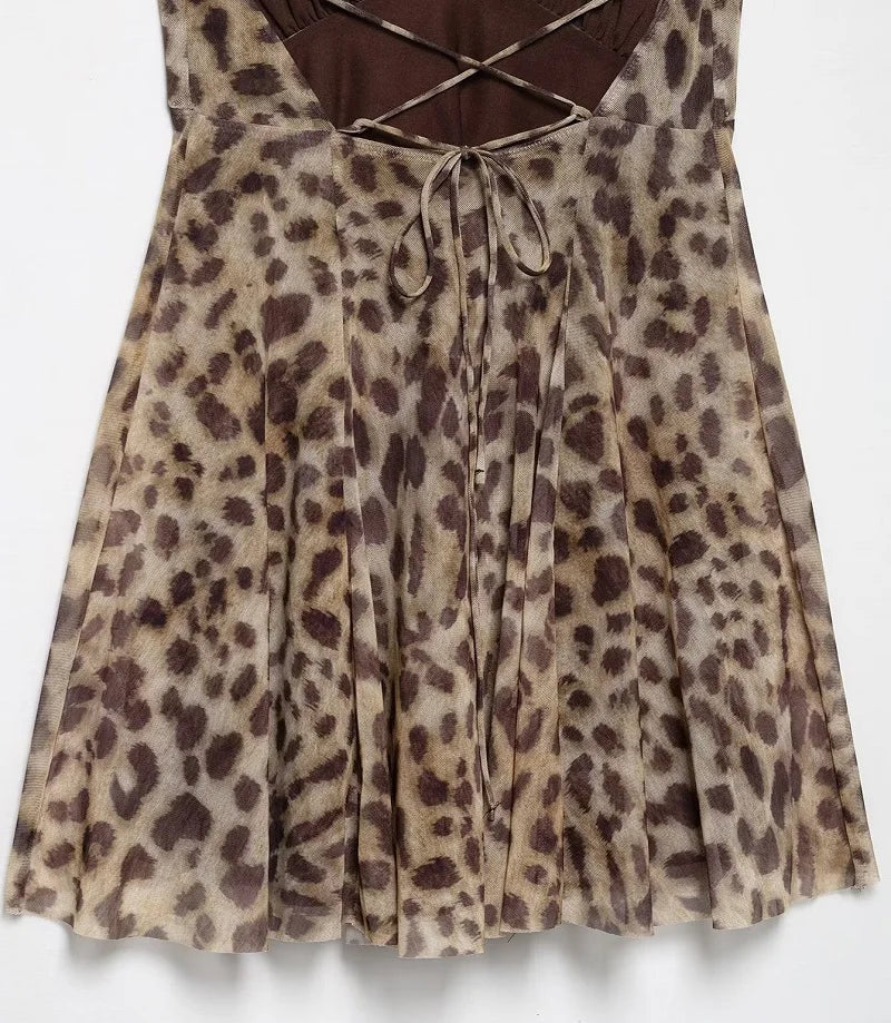 Leopard Print Slip Mini Dress - Backless Spaghetti Strap Party Dress for Women