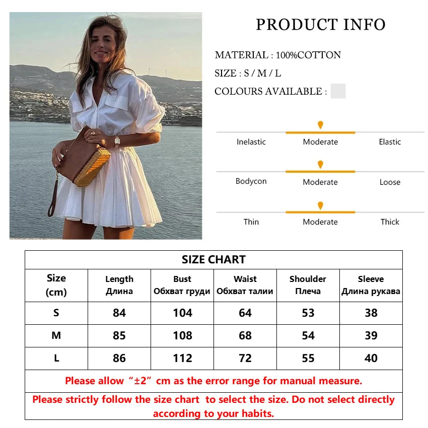 White Cotton Lapel Mini Dress - Long Sleeve Pleated A-Line Dress for Women