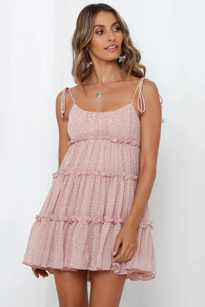 Floral Chiffon Spaghetti Strap Mini Dress - Backless Bow Vacation Dress for Women