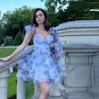 Women's Printed Floral Puffy Mini Dress - Halter Backless Layered Party Dress