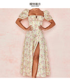 Women's Floral Print Bubble Sleeve Maxi Dress - Square Neck Lace-Up High Waist Split Dress