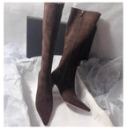 Pointed Toe Knee-High Boots - Square Heel Side Zip Suede Boots for Women