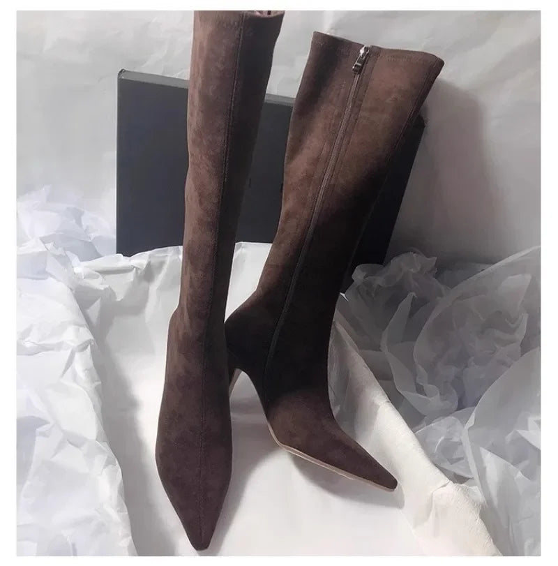 Pointed Toe Knee-High Boots - Square Heel Side Zip Suede Boots for Women
