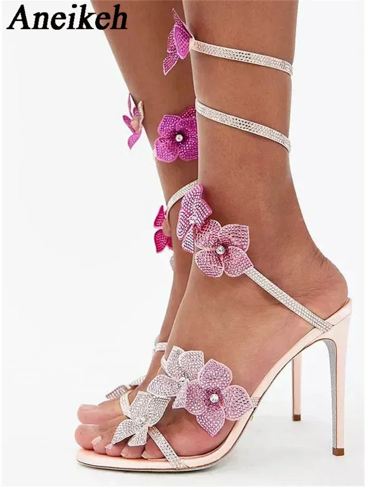 Aneikeh Luxury Designer Pink Flower Rhinestone High Heels Sandals Shoe Sexy Wrap Strap Open Toe Stripper Prom Party Ladies Shoes