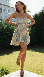 Floral Chiffon Spaghetti Strap Mini Dress - Backless Bow Vacation Dress for Women