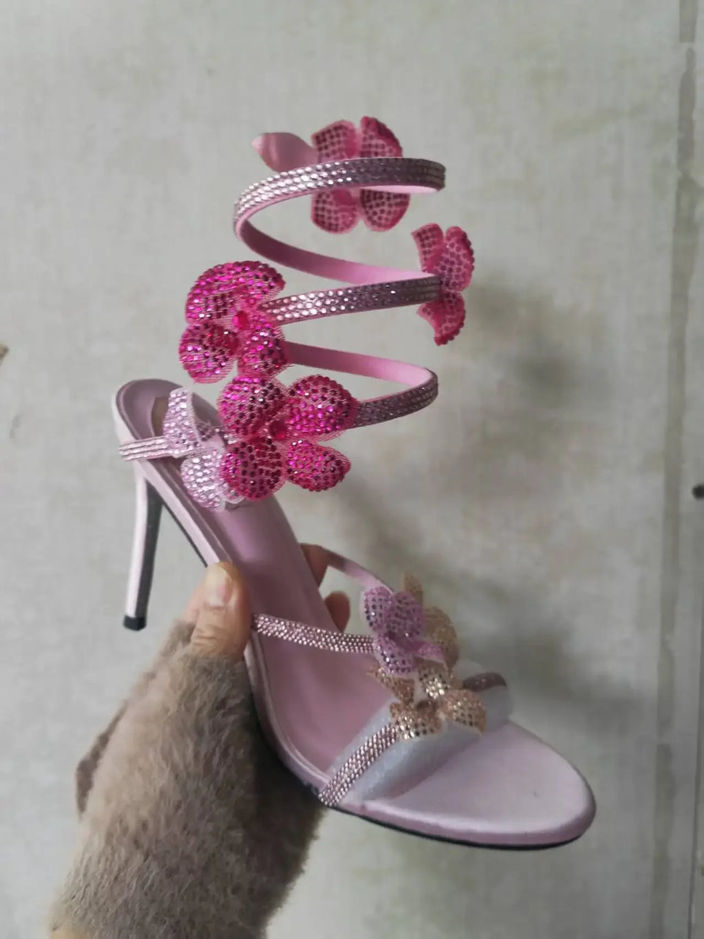 Aneikeh Luxury Designer Pink Flower Rhinestone High Heels Sandals Shoe Sexy Wrap Strap Open Toe Stripper Prom Party Ladies Shoes