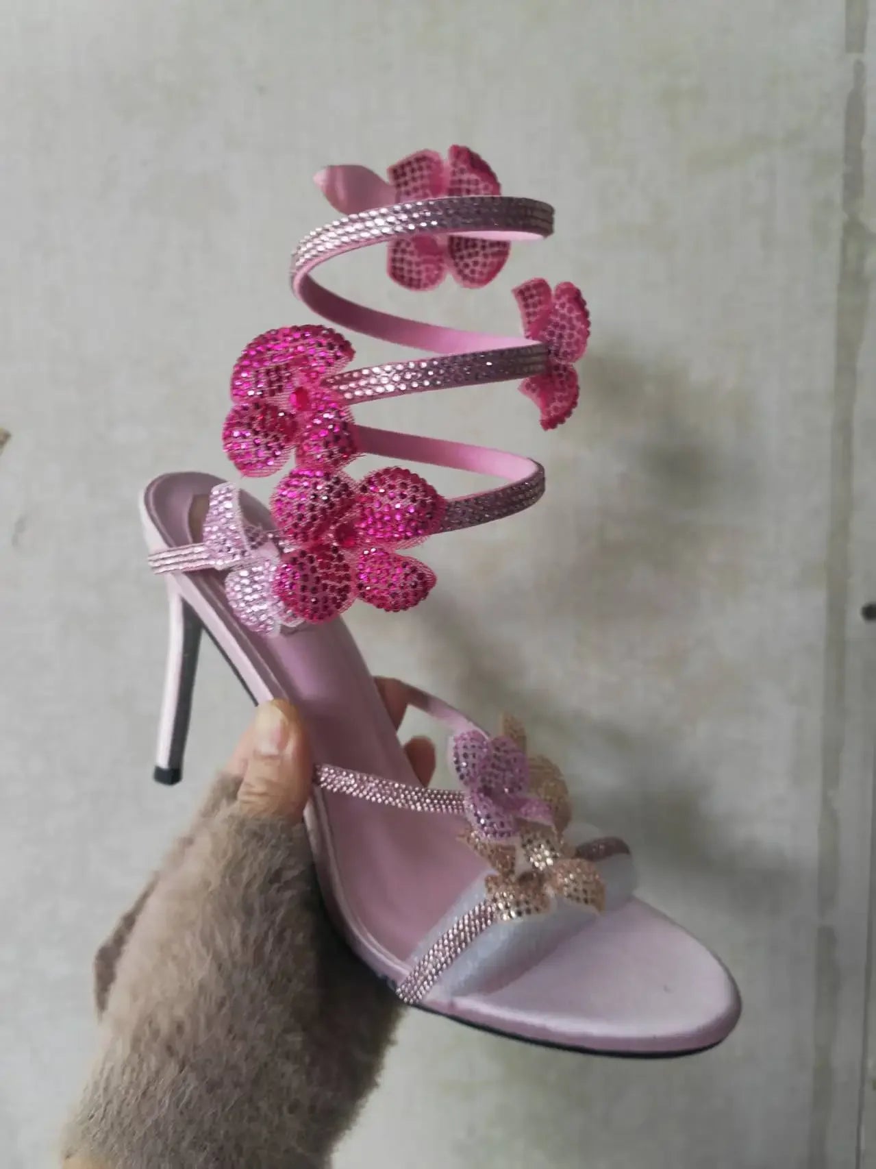 Aneikeh Luxury Designer Pink Flower Rhinestone High Heels Sandals Shoe Sexy Wrap Strap Open Toe Stripper Prom Party Ladies Shoes