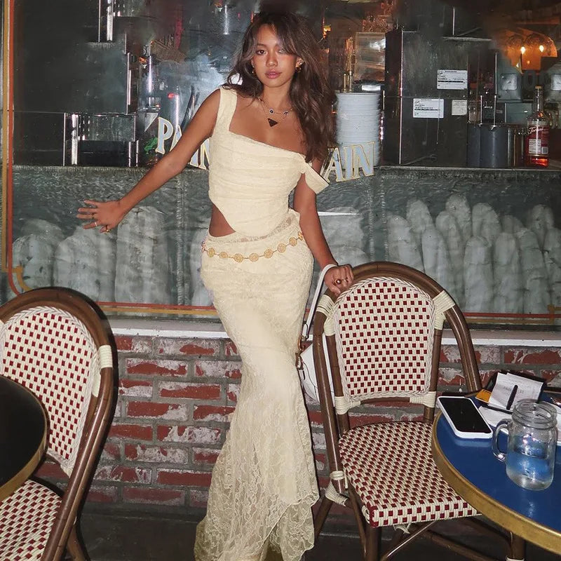Women's 2-Piece Lace Corset Top and Maxi Skirt Set - Elegant Formal Event Dress