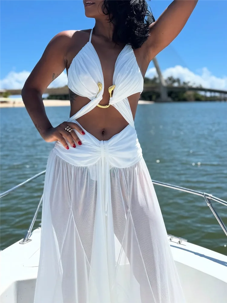 Women's Metal Halter Maxi Dress - Hollow Out Backless Beach Dress