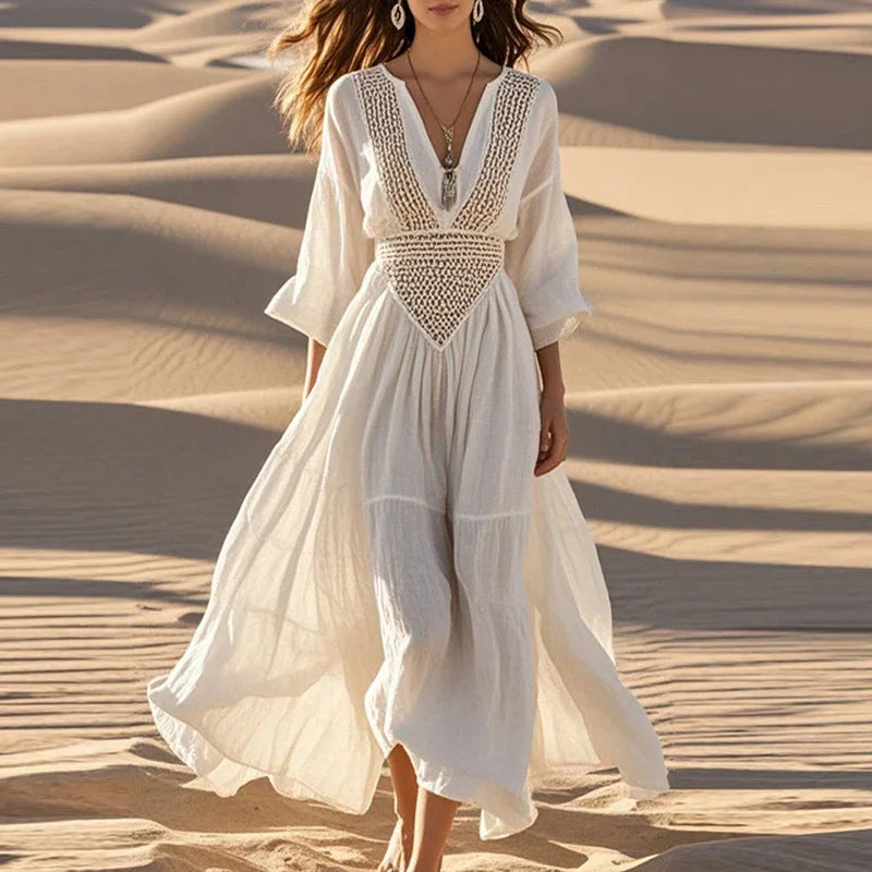 Boho Beach Dress - Deep V Hollow Long Sleeve A-Line Midi Dress for Women
