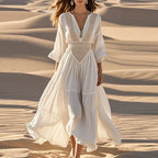 Boho Beach Dress - Deep V Hollow Long Sleeve A-Line Midi Dress for Women