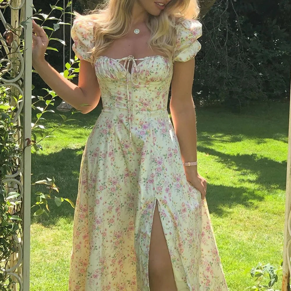 Women's Floral Print Bubble Sleeve Maxi Dress - Square Neck Lace-Up High Waist Split Dress