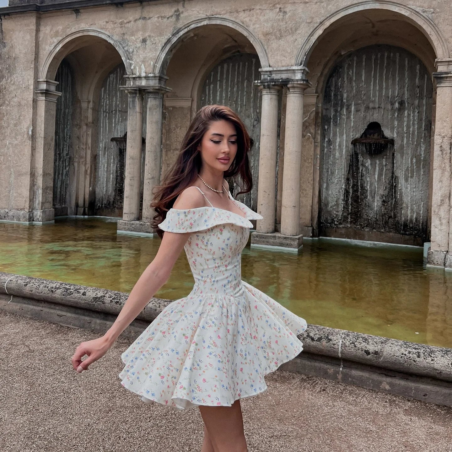 Women's Floral Print Mini Dress - Off Shoulder A-Line Summer Party Dress