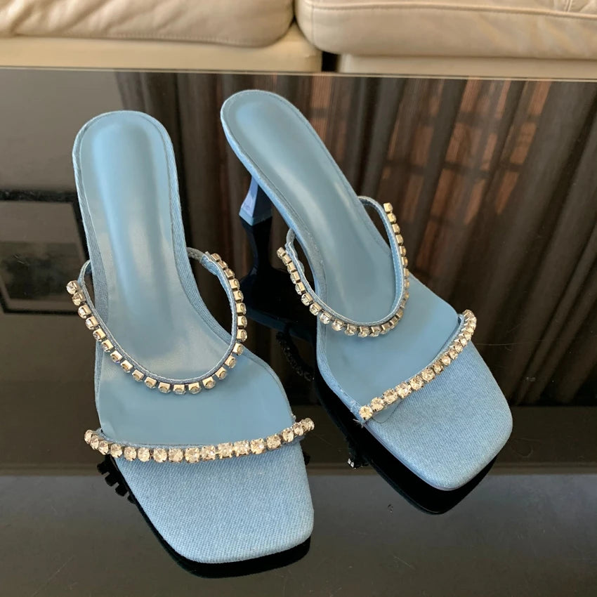 Women's Crystal Rhinestone Heeled Mule Sandals