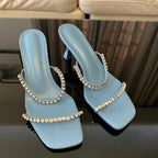 Women's Crystal Rhinestone Heeled Mule Sandals