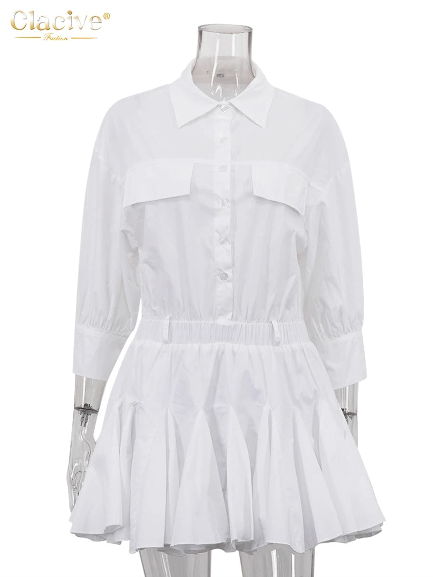 White Cotton Lapel Mini Dress - Long Sleeve Pleated A-Line Dress for Women