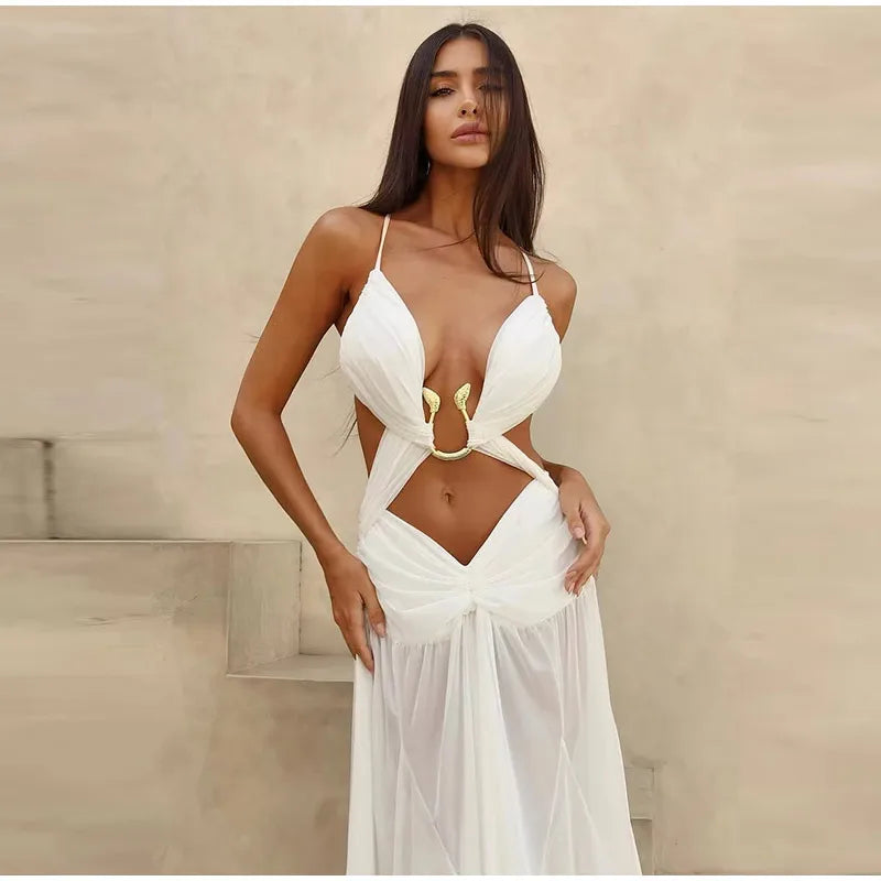 Women's Metal Halter Maxi Dress - Hollow Out Backless Beach Dress