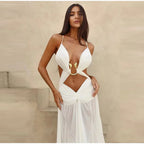 Women's Metal Halter Maxi Dress - Hollow Out Backless Beach Dress