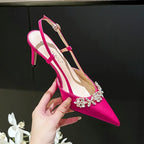 Satin Rhinestone Flower Heeled Sandals - Pointed Toe Stiletto for Women